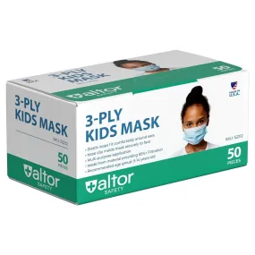 Altor Safety Kids Disposable Face Mask 52212, 3-Ply ASTM Level 2, USA Made, Blue, Box of 50