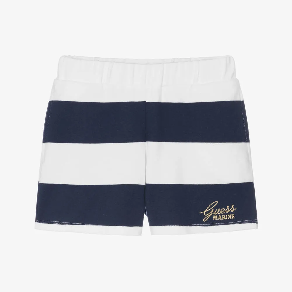 Girls Navy Blue Striped Cotton Shorts