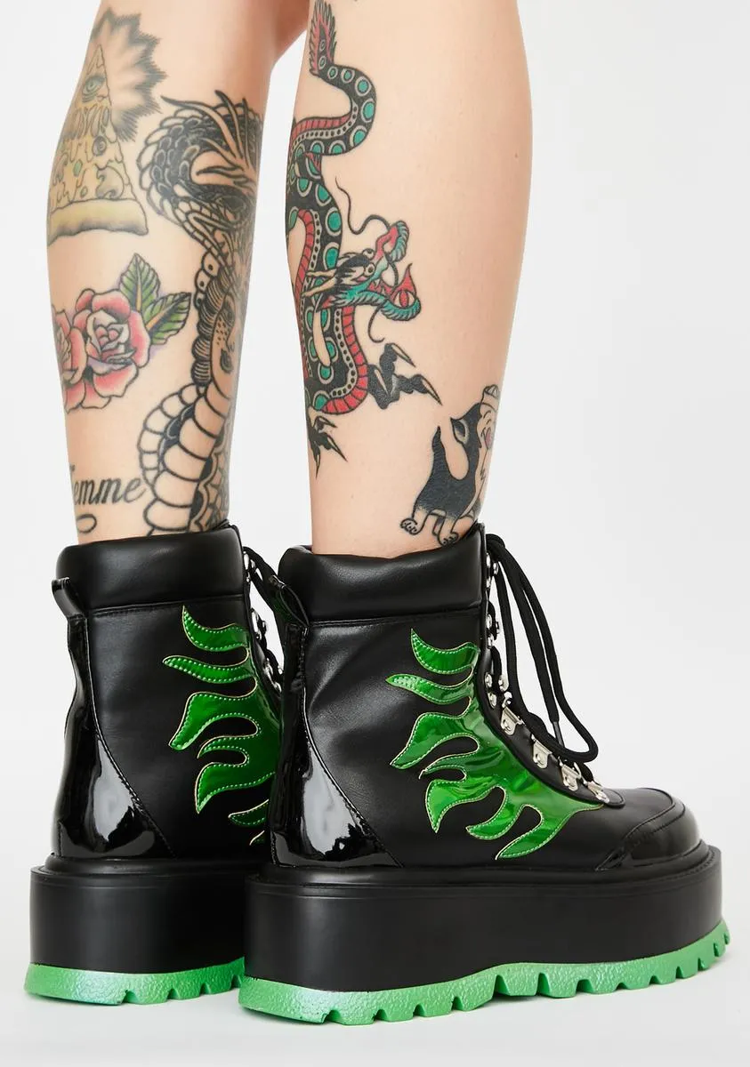 Green Helios Flame Combat Boots-