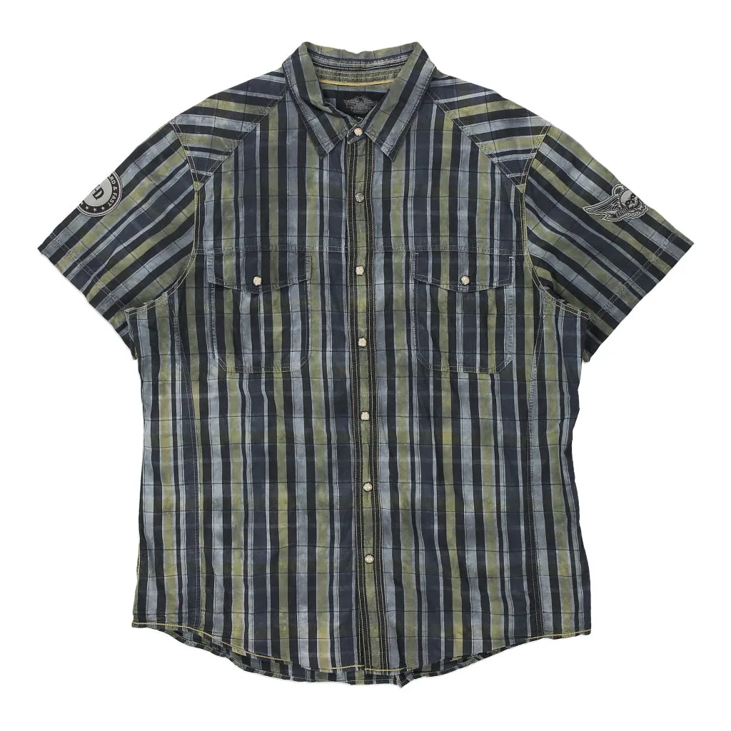 Harley Davidson Striped Short Sleeve Shirt - 2XL Blue Cotton