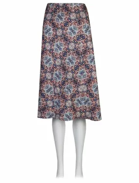 Mid Blue Blue Linen Rich Tile Print Skirt 24 Inch Length