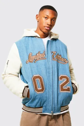 Oversized Bm Hooded Denim Varsity Jacket