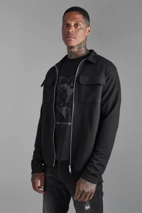 Slim Fit Zip Through Cargo Jersey Harrington | boohooMAN UK