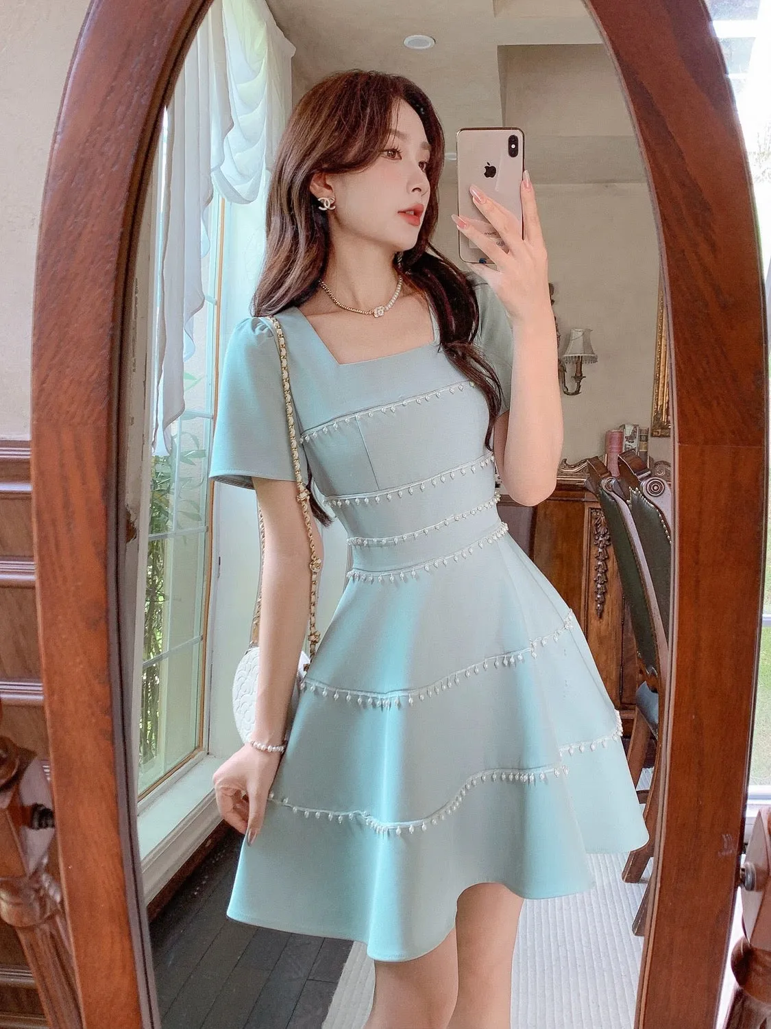 Zhang Xinzi [Romantic] French high-end niche square collar dress for women in summer new style for petite girls